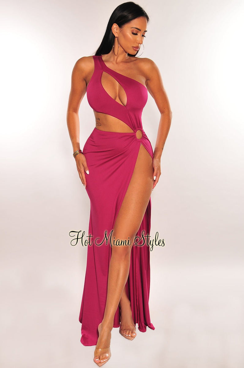 Red Halter O-Ring Cut Out Strap Slit Dress - Hot Miami Styles