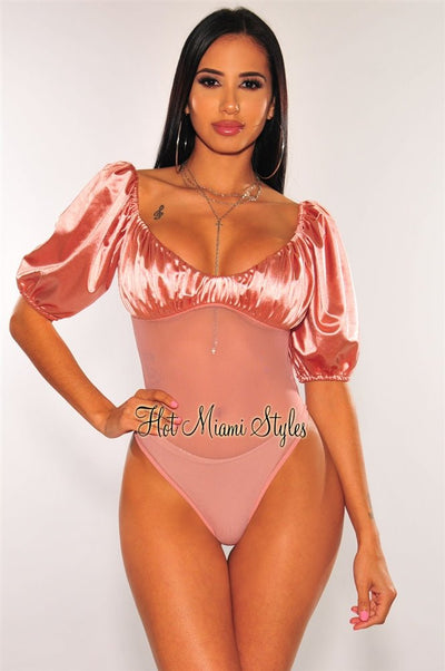 Mauve Satin Balloon Sleeves Mesh Bodysuit - Hot Miami Styles