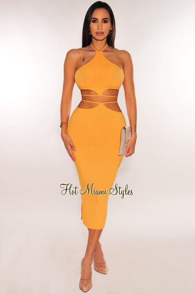 Melon Orange Ribbed Halter Cut Out Tie Up Skirt Two Piece Set - Hot Miami Styles