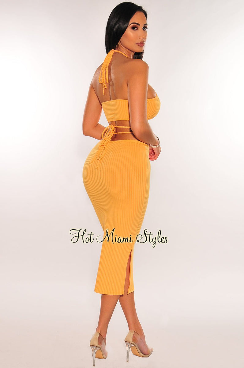 Halter Cut-out Tied Top and Hip Skirt