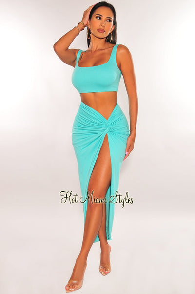 Mint Double Lined Tank Knotted Slit Maxi Skirt Two Piece Set - Hot Miami Styles
