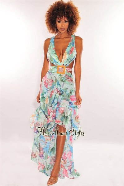 Mint Multi Color Print Cut Out Lace Up Back Belted Slit Maxi Dress - Hot Miami Styles