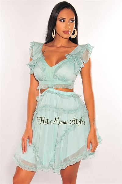 Mint V Neck Ruffle Cut Out Lace Up Back Dress - Hot Miami Styles