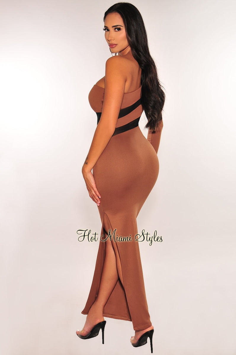 Mocha Black Mesh One Sleeve Slit Midi Dress - Hot Miami Styles Large Mocha Black Mesh One Sleeve Slit Midi Dress - Hot Miami Styles Large