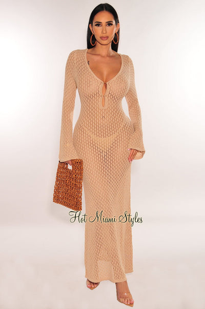 Mocha Crochet Bell Sleeve Gold Pin Mermaid Cover Up Dress - Hot Miami Styles