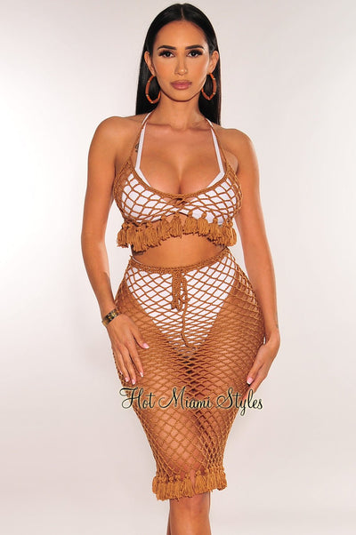 Mocha Crochet Halter Fringe Hem Skirt Two Piece Set Cover Up - Hot Miami Styles