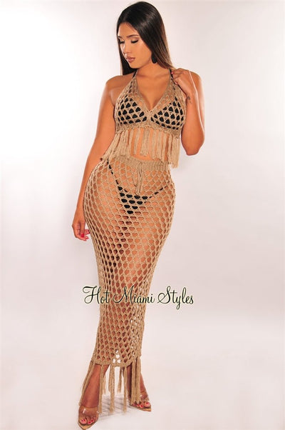 Mocha Crochet Halter Fringe Skirt Two Piece Set Cover Up - Hot Miami Styles