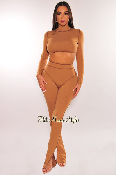 Mocha Exposed Seams Long Sleeve Flare Pant Two Piece Set - Hot Miami Styles