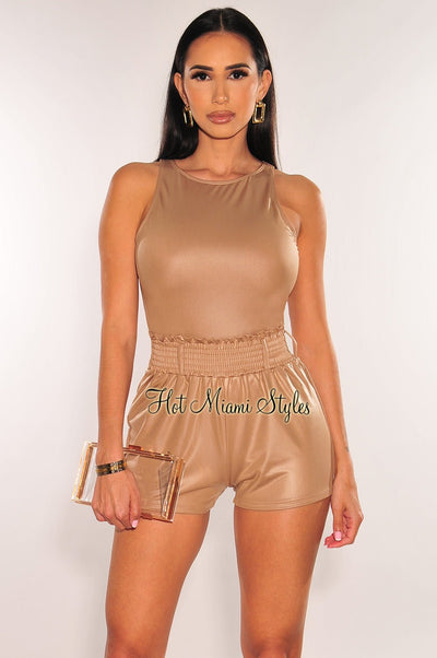 Mocha Faux Leather High Waisted Ruched Waist Shorts - Hot Miami Styles