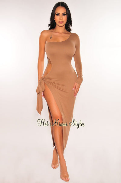 Mocha One Sleeve Cut Out Tie Up Slit Dress - Hot Miami Styles