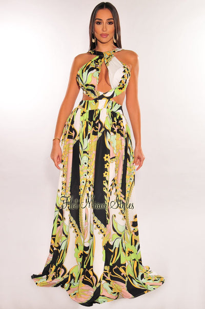 Multi Color Print Halter Padded Cut Out Open Back Maxi Dress - Hot Miami Styles