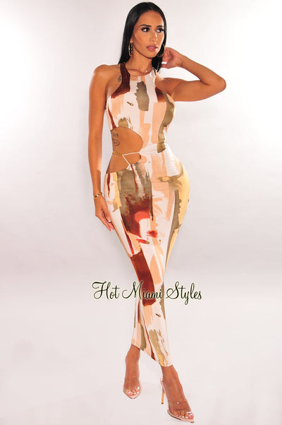 Multi Color Print Sleeveless Gold Chain Cut Out Midi Dress - Hot Miami Styles