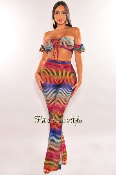 Multi Color Ribbed High Waist Flare Cover Up Pants - Hot Miami Styles