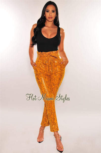 Mustard Faux Leather Snake Paperbag Belted Pants - Hot Miami Styles