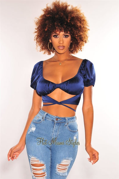 Navy Silky Knotted Cut Out Wrap Around Crop Top - Hot Miami Styles