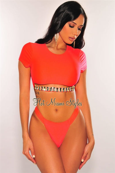 Neon Coral Diamond Cut Out Crop Top Bikini - Hot Miami Styles