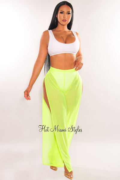 Neon Lime Mesh Sheer High Waist Double Slit Cover Up Pants - Hot Miami Styles