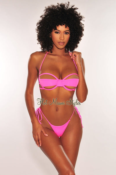 Neon Pink Halter Underwire Cut Out Tie Up Adjustable Thong Bikini Top - Hot Miami Styles
