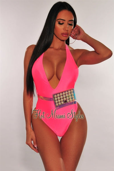 Neon Pink Iridescent Pearl Fanny Pack Belted Swimsuit - Hot Miami Styles