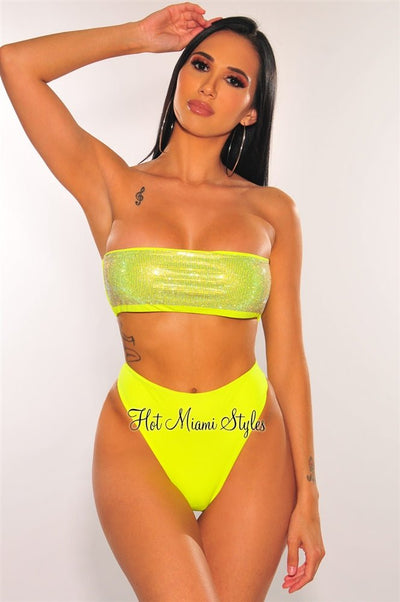 Neon Yellow Silver Rhinestone Bandeau High Waist Bikini - Hot Miami Styles