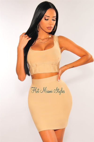 Nude Bandage Tank Faux Bustier Skirt Two Piece Set - Hot Miami Styles
