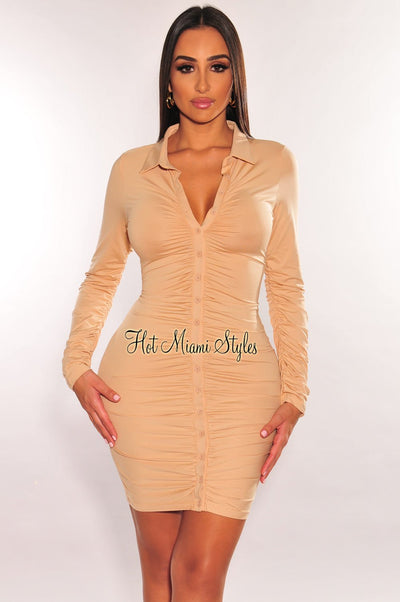 Nude Collared Long Sleeve Button Up Ruched Dress - Hot Miami Styles