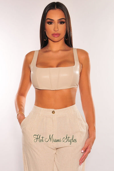 Nude Faux leather Round Neck Sleeveless Crop Top - Hot Miami Styles