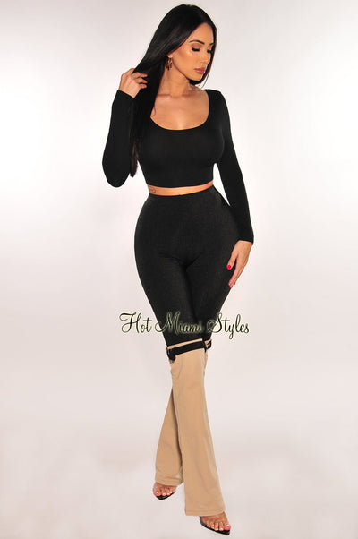Nude High Waist Hybrid Buckle Strap Flared Pants - Hot Miami Styles