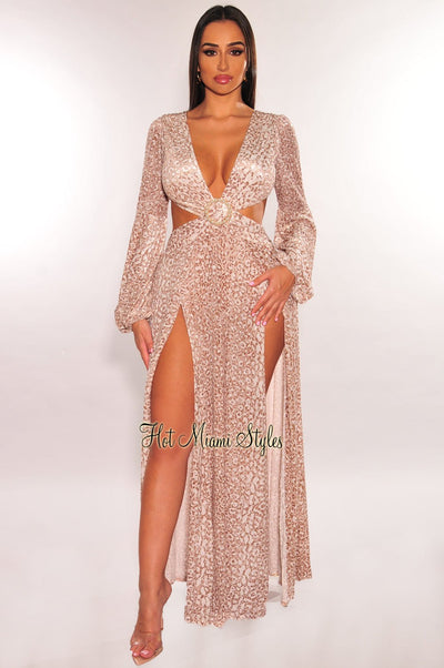 Nude Leopard Print Pearl O-Ring Cut Out Long Sleeves Double Slit Maxi Dress - Hot Miami Styles
