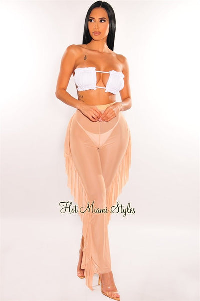 Nude Mesh High Waist Ruffle Sides Pants Cover Up Pants - Hot Miami Styles
