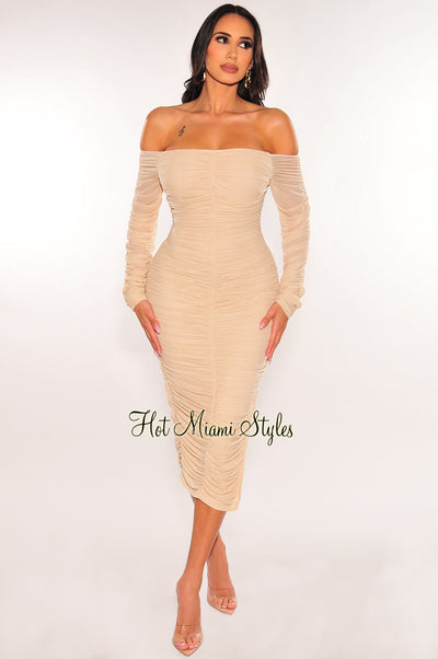 Nude Mesh Off Shoulder Long Sleeve Ruched Dress - Hot Miami Styles