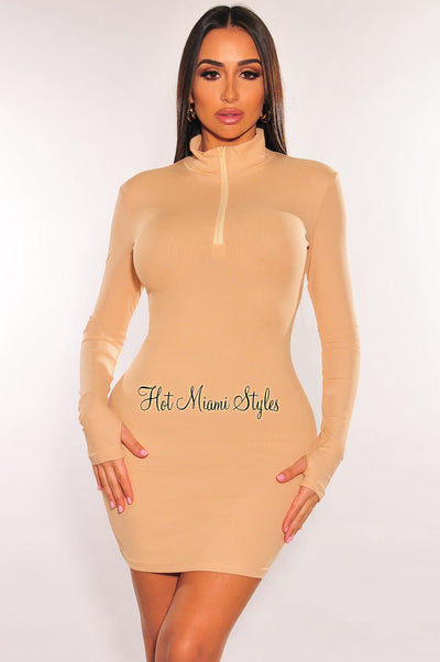 Nude Ribbed Mock Neck Zipper Long Sleeve Dress - Hot Miami Styles