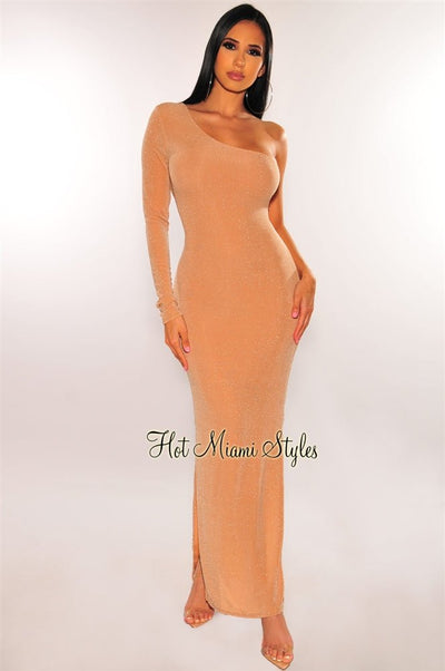 Nude Shimmer One Sleeve Double Slit Maxi Dress - Hot Miami Styles