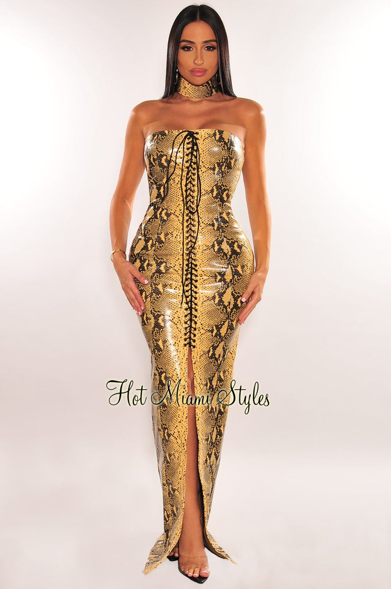 Nude Snake Faux Leather Choker Strapless Lace Up Slit Maxi Dress Hot Miami Styles Nude Snake Faux Leather Choker Strapless Lace Up Slit Maxi Dress Hot Miami Styles