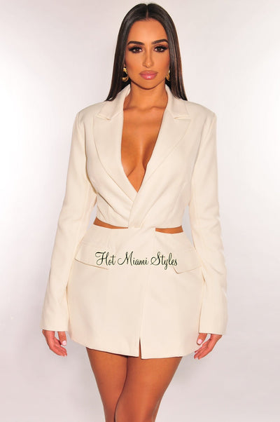 Off White Collared Cut Out Long Sleeve Slit Blazer Dress - Hot Miami Styles