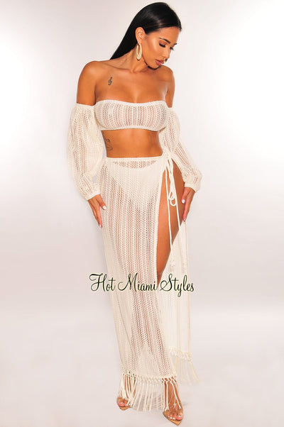 Off White Crochet Off Shoulder Long Sleeve Slit Tassle Skirt Two Piece Set - Hot Miami Styles