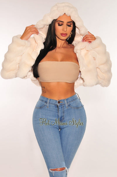 Off White Hooded Faux Fur Crop Jacket - Hot Miami Styles