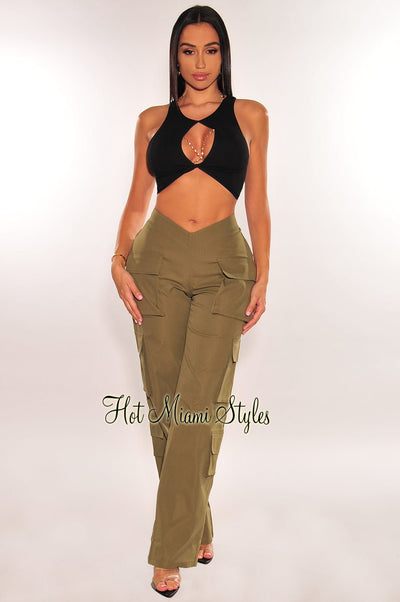 Olive Green V Cut Waist Cargo Wide Leg Pants - Hot Miami Styles