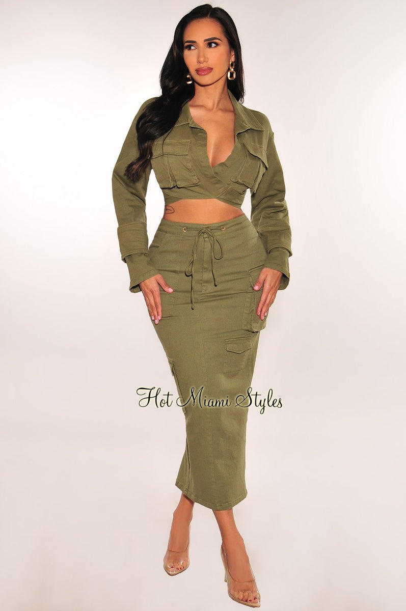 Olive Long Sleeves Collared Cargo Vent Slit Skirt Two Piece