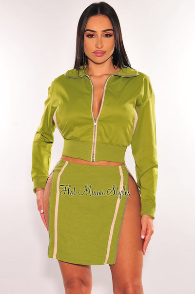 Olive Nude Varsity Jacket Zipper Mini Skirt Two Piece Set - Hot Miami Styles