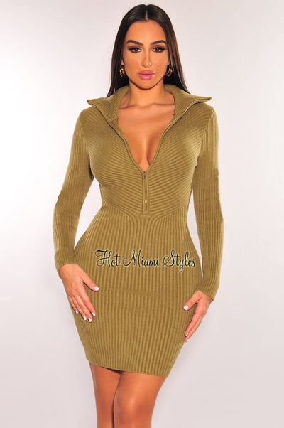 Olive Ribbed Knit Collared Zipper Long Sleeve Sweater Dress - Hot Miami Styles