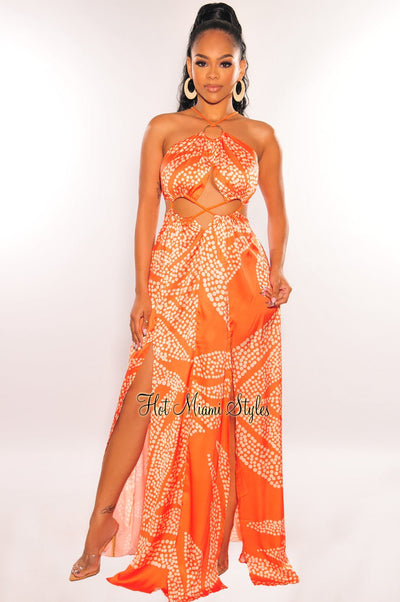 Orange Animal Print O-Ring Cord Cut Out Double Slit Maxi Dress - Hot Miami Styles
