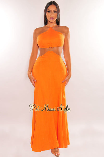 Orange Linen Halter O-Ring Cut Out Maxi Dress - Hot Miami Styles