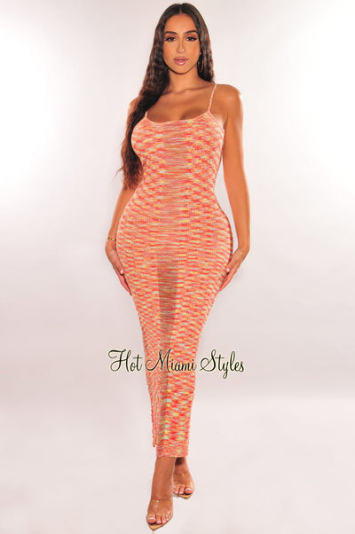 Orange Space Dye Ribbed Knit Spaghetti Straps Ladder Cut Dress - Hot Miami Styles