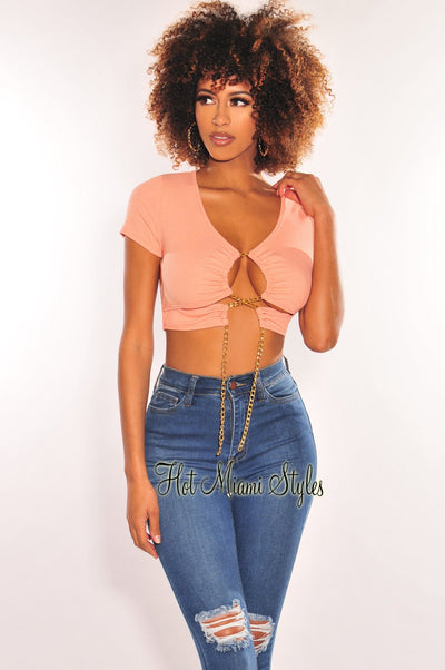 Peach Gold Chain Ribbed Lace Up Cut Out Crop Top - Hot Miami Styles