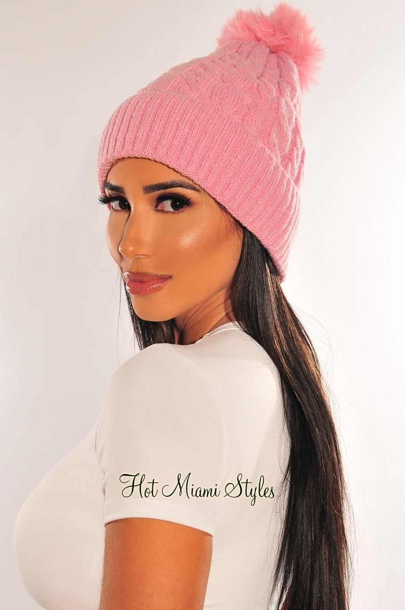 Pink/Hot Pink Knit Beanie with Pom Pom Hot Pink Knit Beanie with Finn Raccoon Pom Pom: FurHatWorld.com main image 4