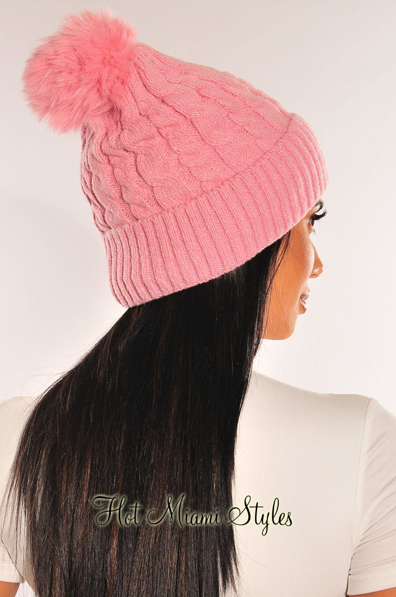 Pink Cable Knit Pom Beanie – Hot Miami Styles display picture 1
