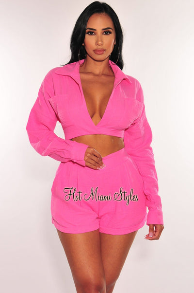 Pink Linen Collared Long Sleeve Shorts Two Piece Set - Hot Miami Styles
