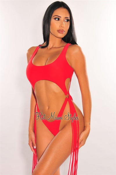Red Cut Out O-Ring Fringe Ultra High Cut Thong Swimsuit - Hot Miami Styles