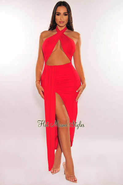 Red Halter Crisscross Cut Out Drape Ruched Slit Dress - Hot Miami Styles